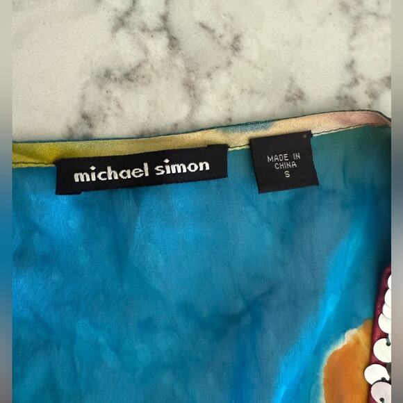 Michael Simon 100% Silk Multicolor Vibrant Shimmery Embellished Tunic Blouse- S‎ - Picture 4 of 12
